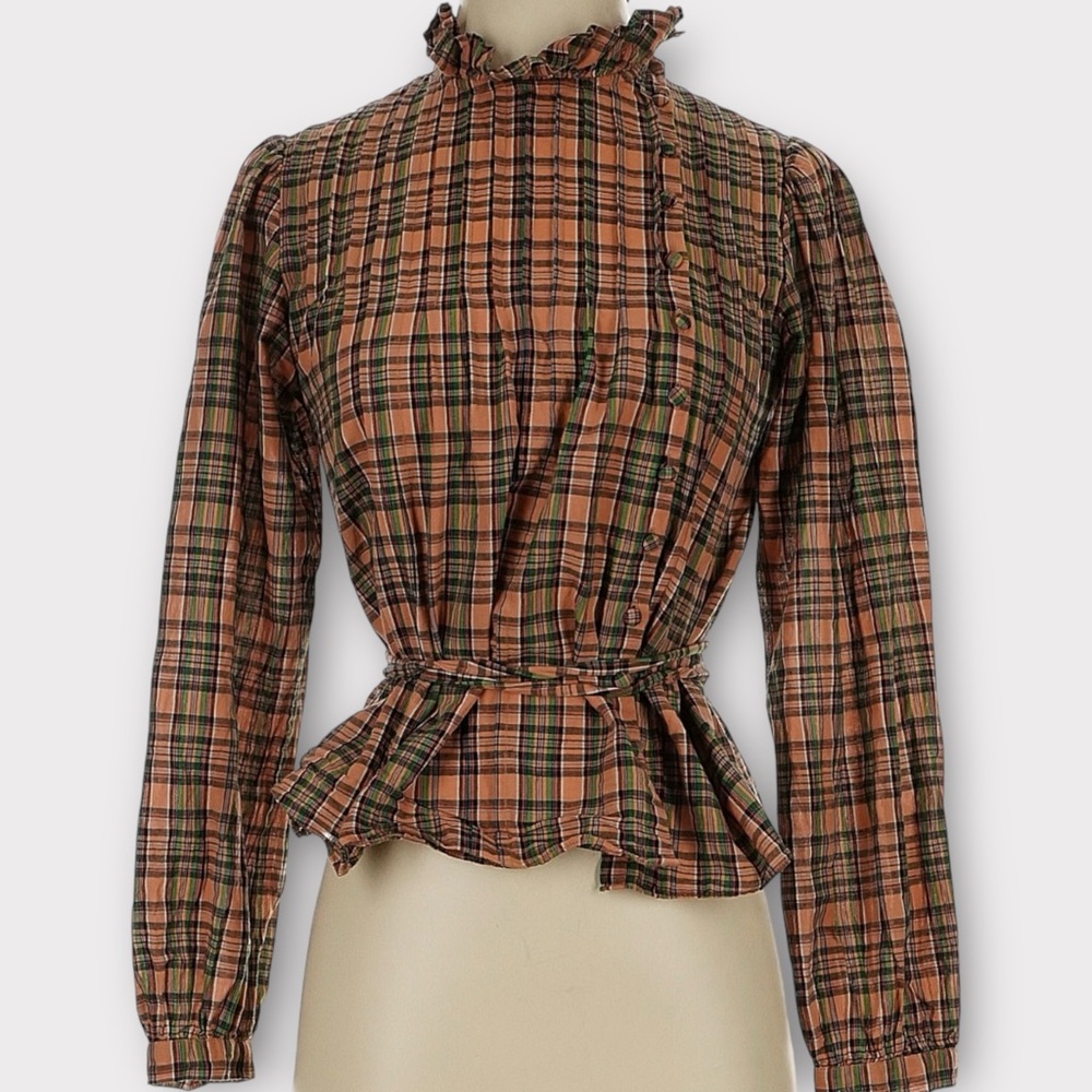 DÔEN Palmera Check Printed Waist Belted Pintucked Organic Cotton Voile Blouse - Picture 5 of 10